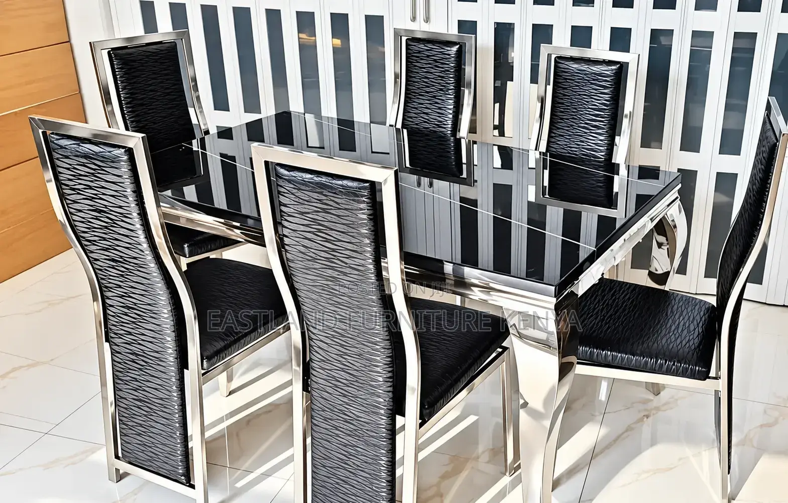 Luxury Black Glass Dining Set With Silver Frame – 6 Seater