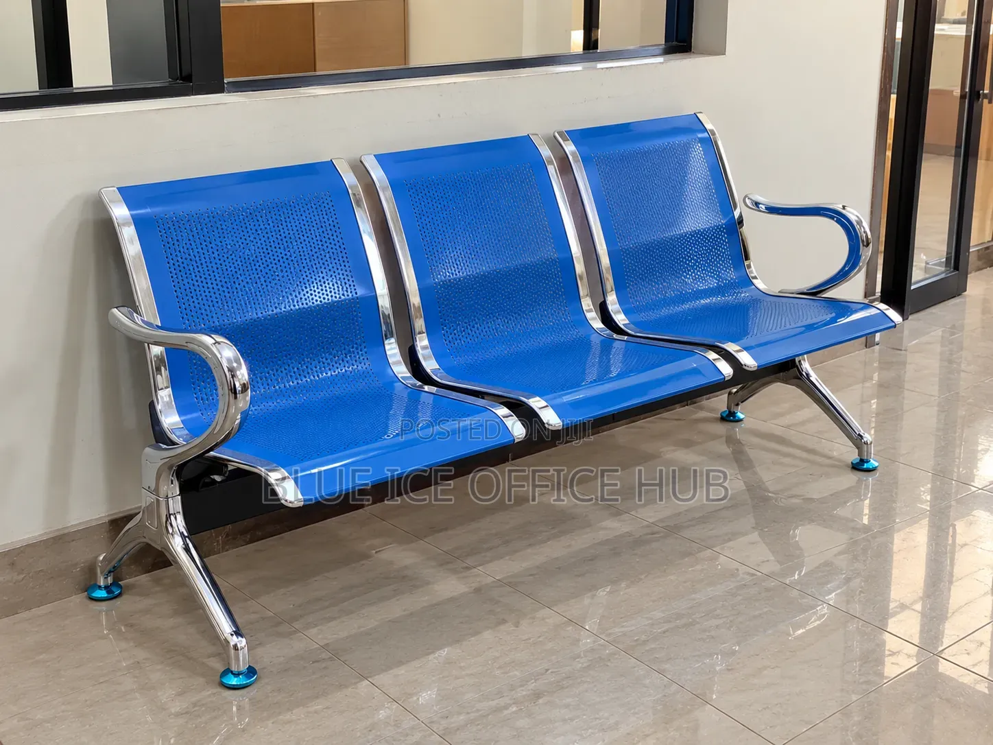 3 Seater Blue Metal Waiting Bench for Office