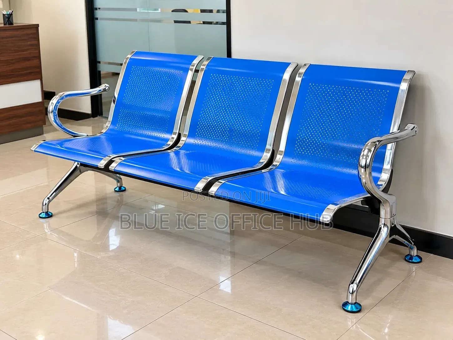 3 Seater Blue Metal Waiting Bench for Office
