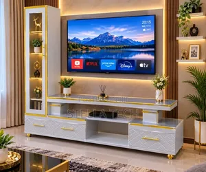 Executive Extended TV Stand With Marble Coating and Shelf Cabinet