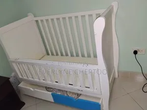 Sturdy White Wooden Baby Cot/Crib With Drawer and Mattress