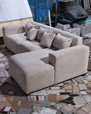 5 Seater Clean and Modern Beige Fabric L-Shaped Sofa