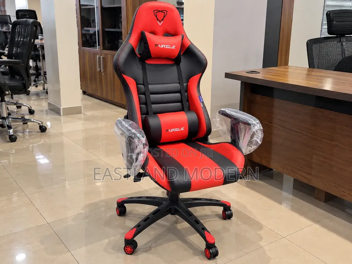 Red and Black Gaming Chair With Headrest.