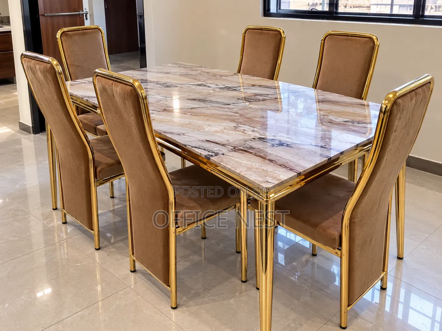 6 Seater Gold Dining Table Set With Velvet Chairs.