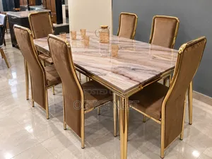 6 Seater Gold Dining Table Set With Velvet Chairs.
