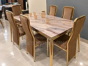6 Seater Gold Dining Table Set With Velvet Chairs.
