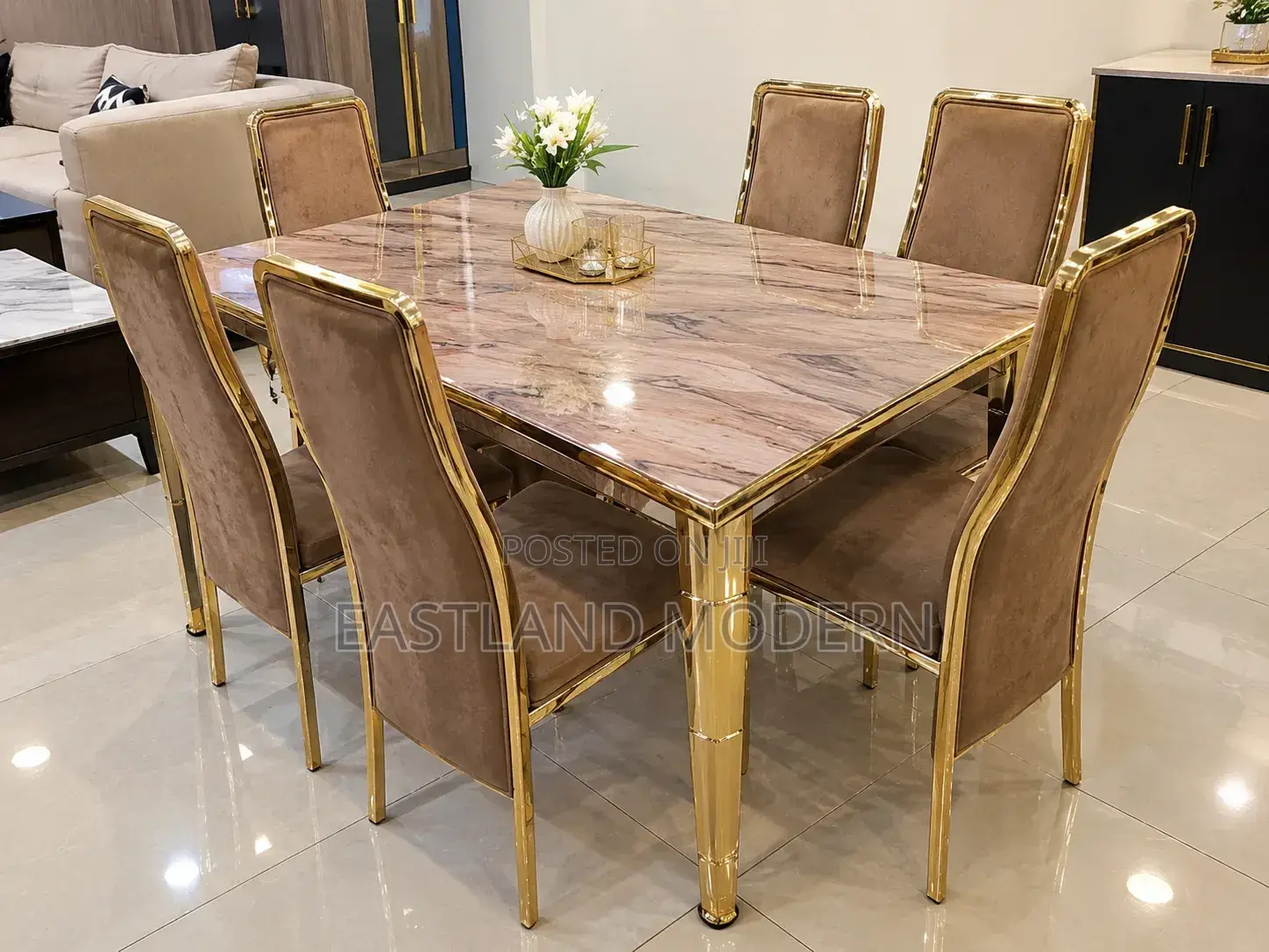 6 Seater Gold Dining Table Set With Velvet Chairs.