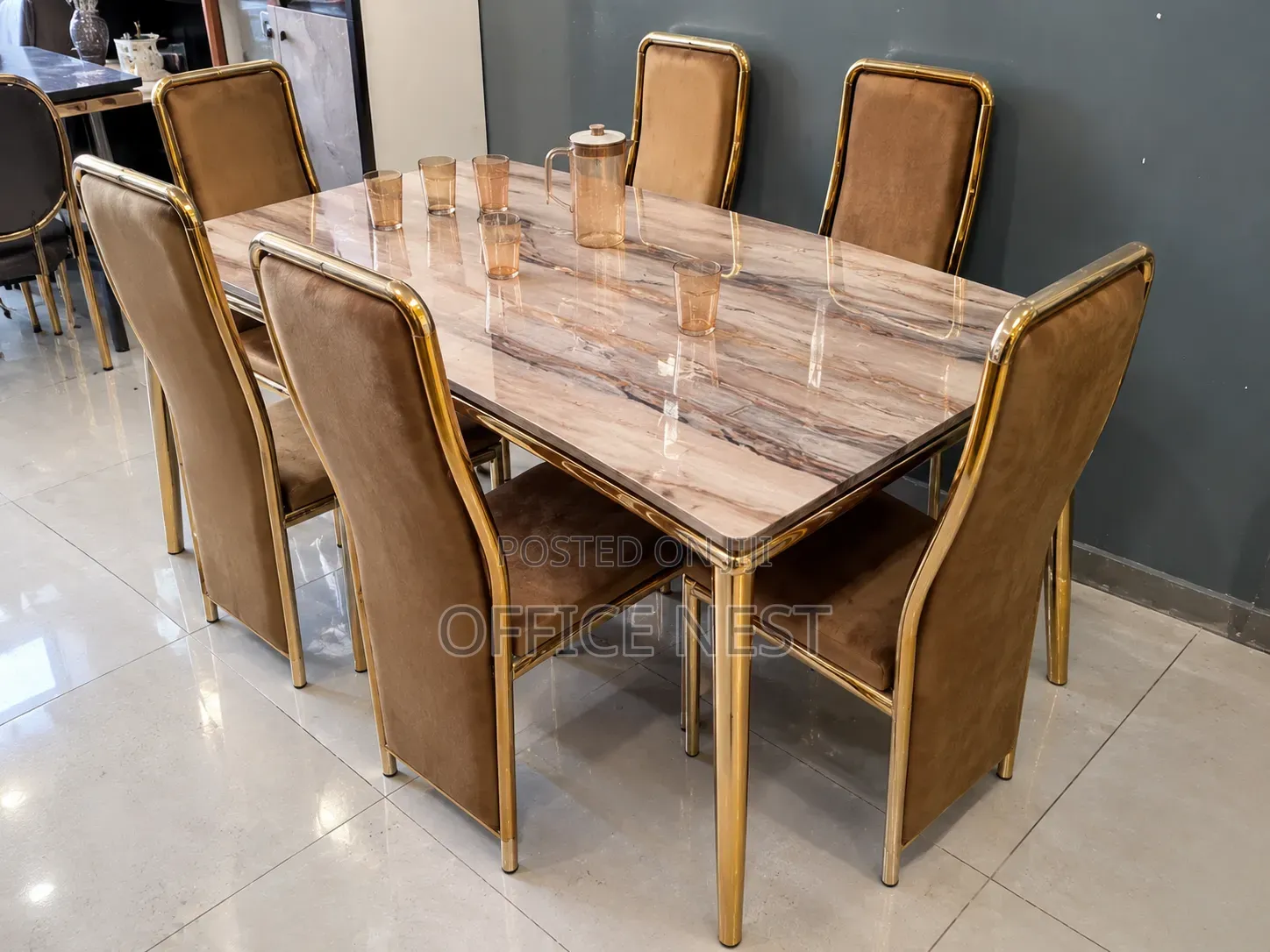 6 Seater Gold Dining Table Set With Velvet Chairs.