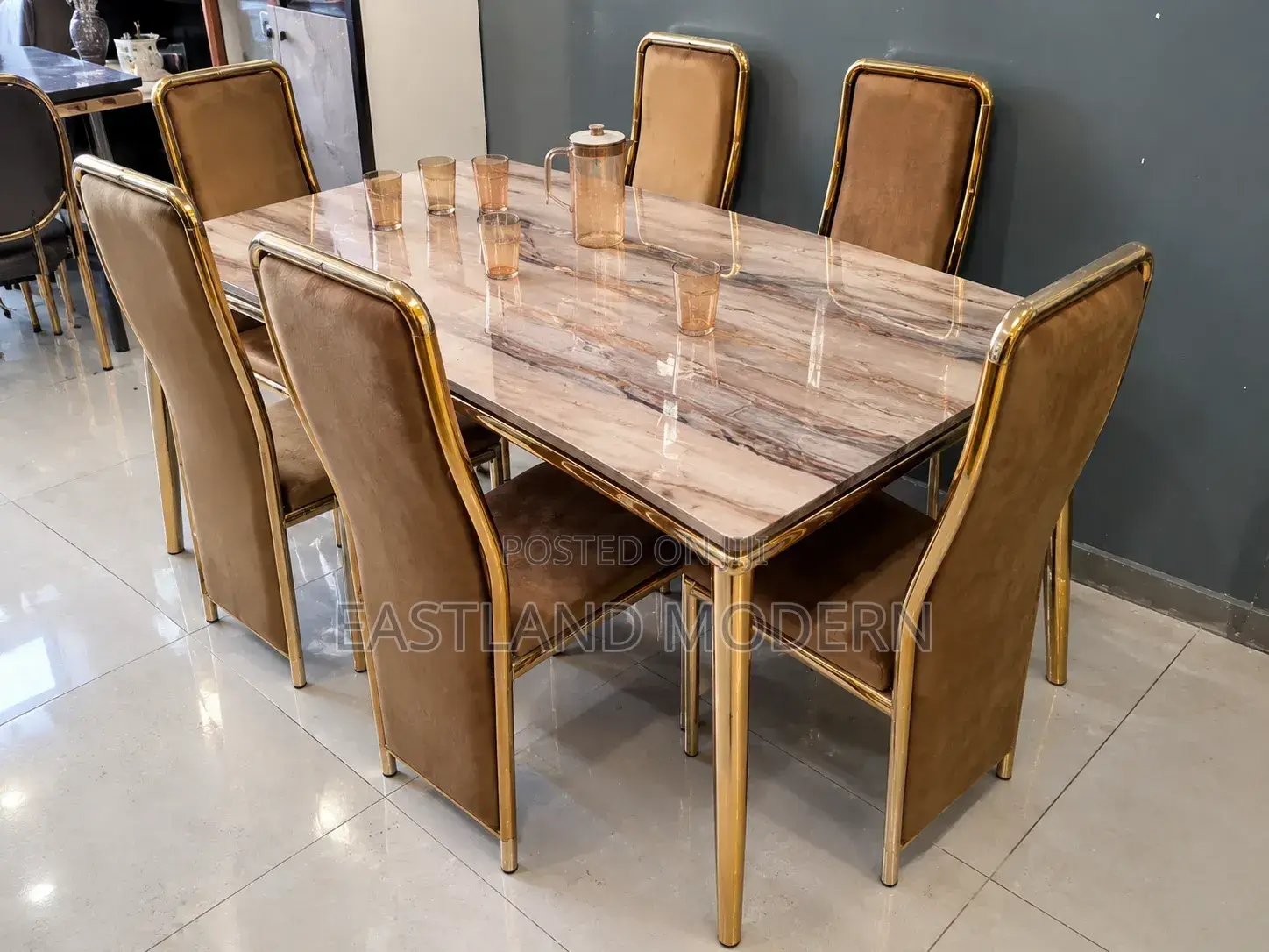 6 Seater Gold Dining Table Set With Velvet Chairs.