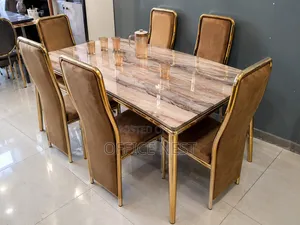 6 Seater Gold Dining Table Set With Velvet Chairs.