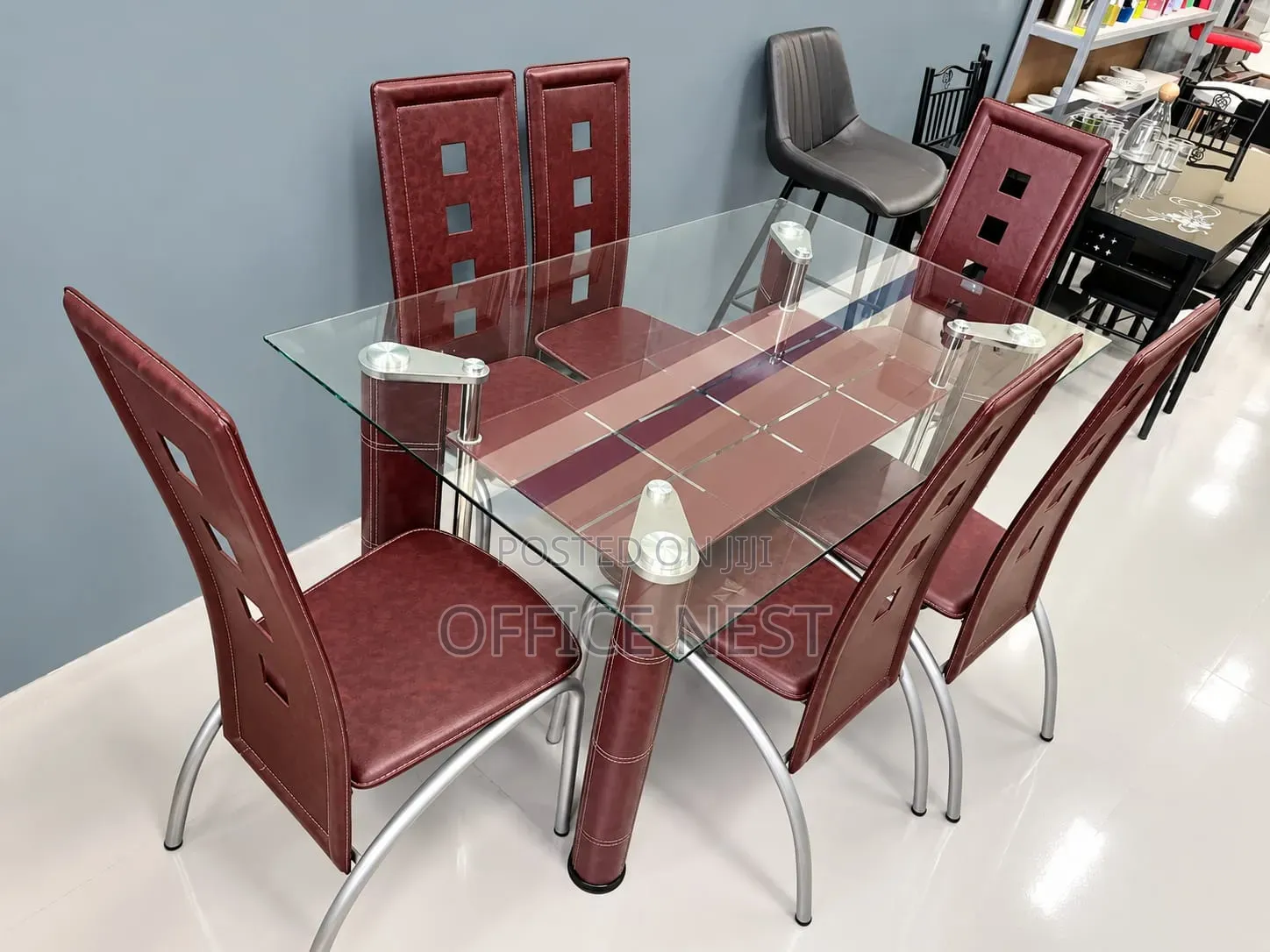 Glass Dining Table With 6 Leather Chairs.