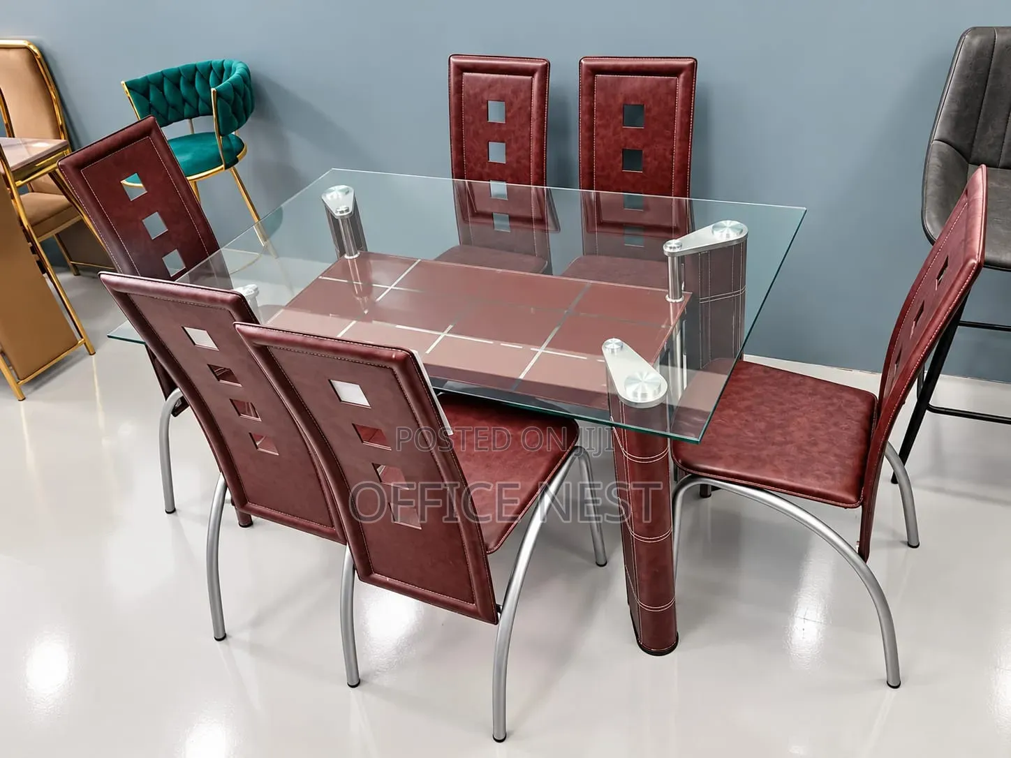 Glass Dining Table With 6 Leather Chairs.