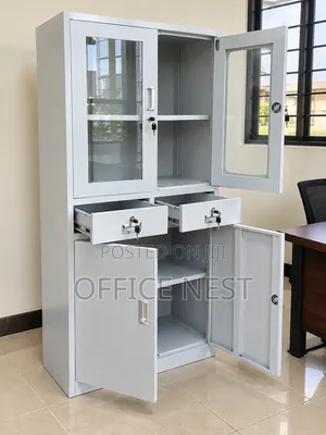Steel Office Filing Cabinet With Glass Doors.