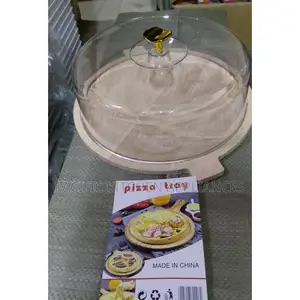 Transparent,beige Bamboo Tray With Handle + Acrylic Dome Cover