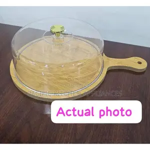 Transparent,beige Bamboo Tray With Handle + Acrylic Dome Cover
