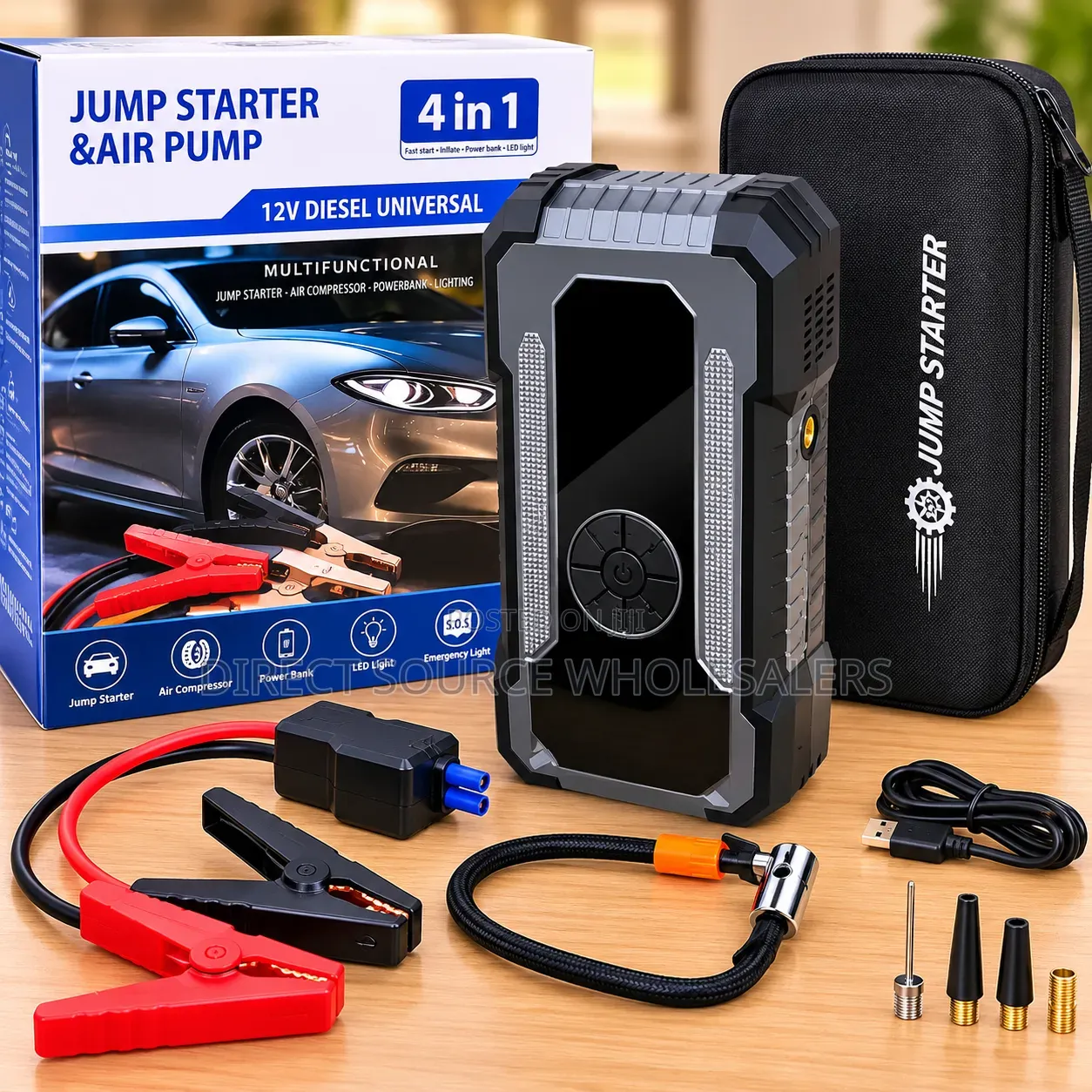 Car Battery Jump Pack With Tyre Compressor & LED Torch