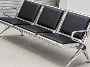 Stainless Steel 3 Link Airport Waiting Chair Black Leather