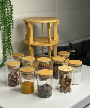 Bamboo 360° Rotating Spice Rack 1pc + 10pcs Glass Spice Jars