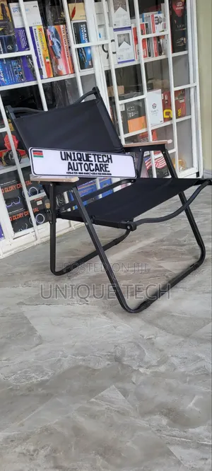 Foldable Black Camping Chair With Wooden Side Armrests