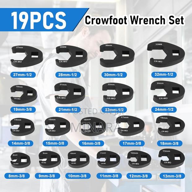 19 Pcs, Crows Foot Spanner Set,8-32mm Crowfoot Flare Nut Wrench Kit - thumbnail 2