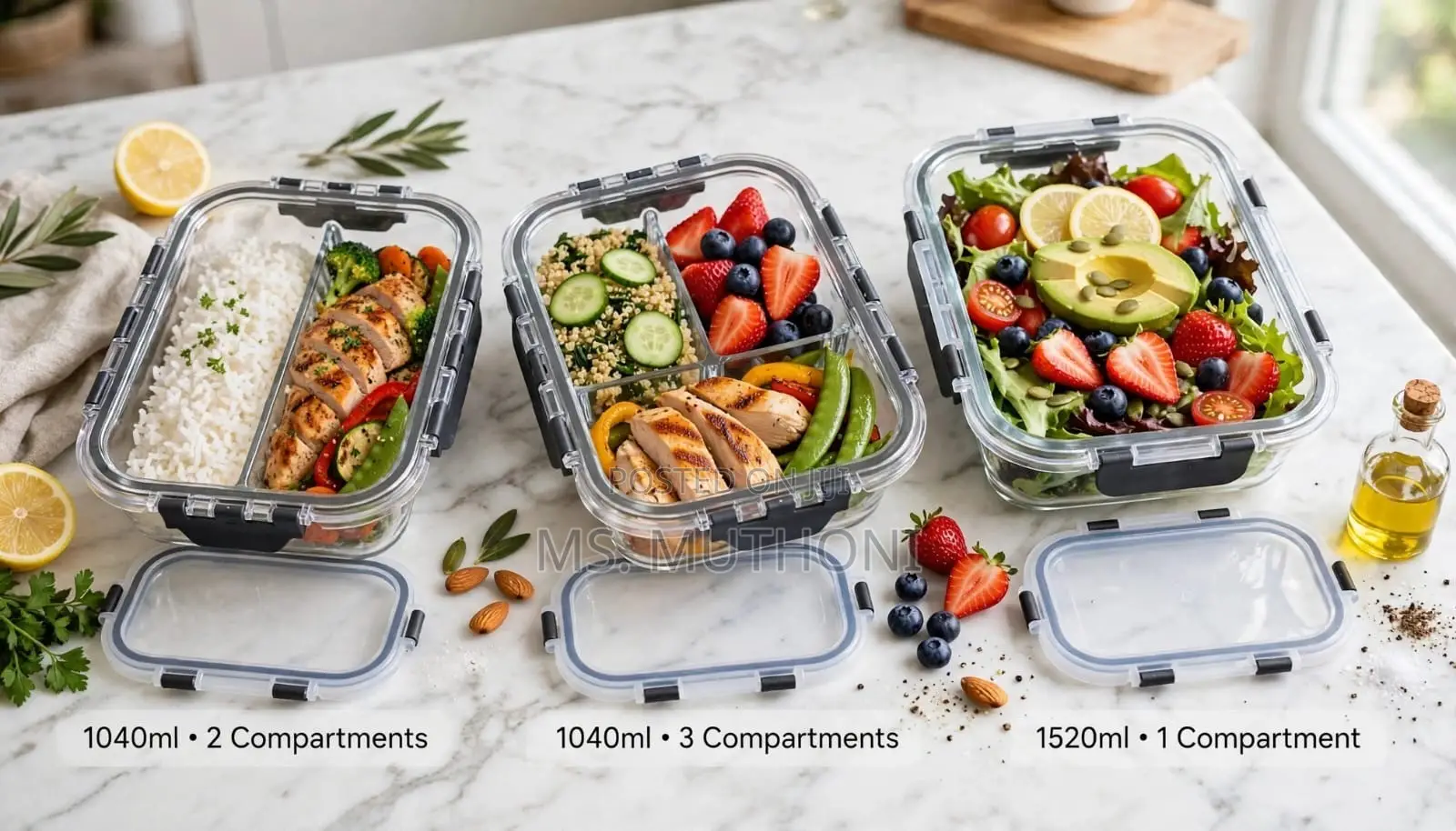 1040 Ml High Borosilicate Glass Containers With Airtight 4-Lock Lids.