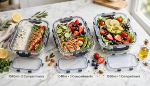1040 Ml High Borosilicate Glass Containers With Airtight 4-Lock Lids.