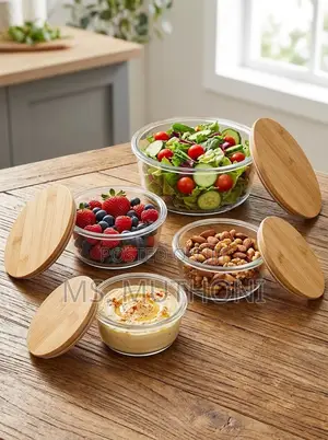 4-Piece Round Glass Food Storage Container Set Airtight Bamboo Lids