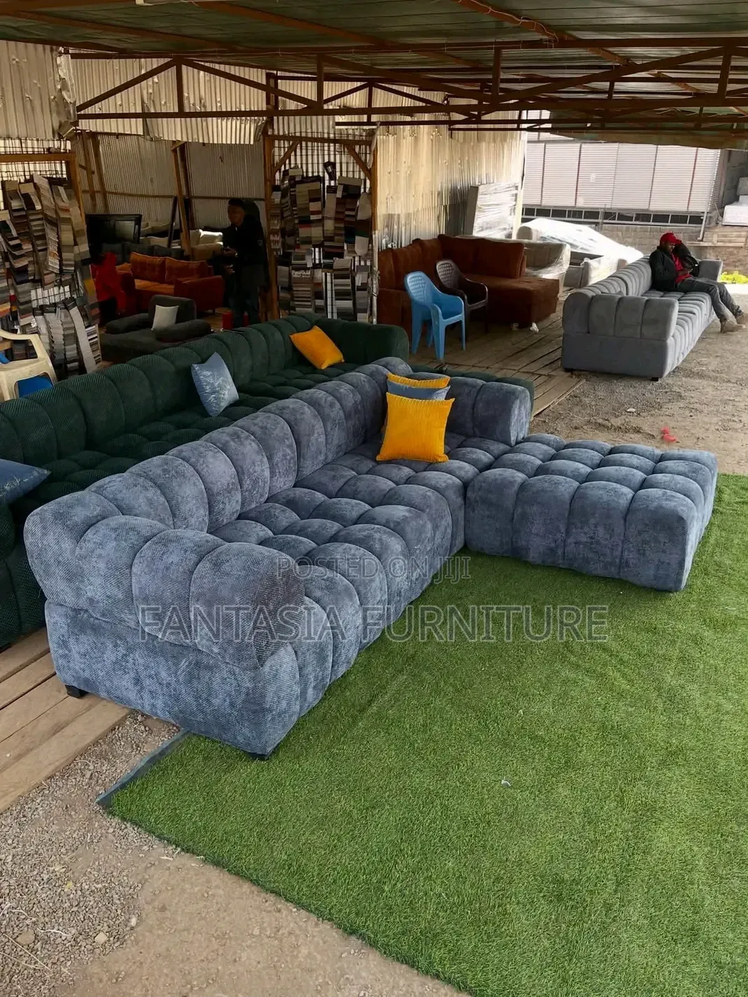 5 Seater Blue L-Shaped Bubble Sofa
