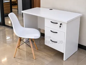 White Office Desk With 3 Drawers and Lock & Chair