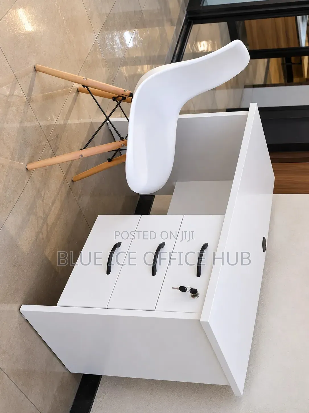 White Office Desk With 3 Drawers and Lock & Chair