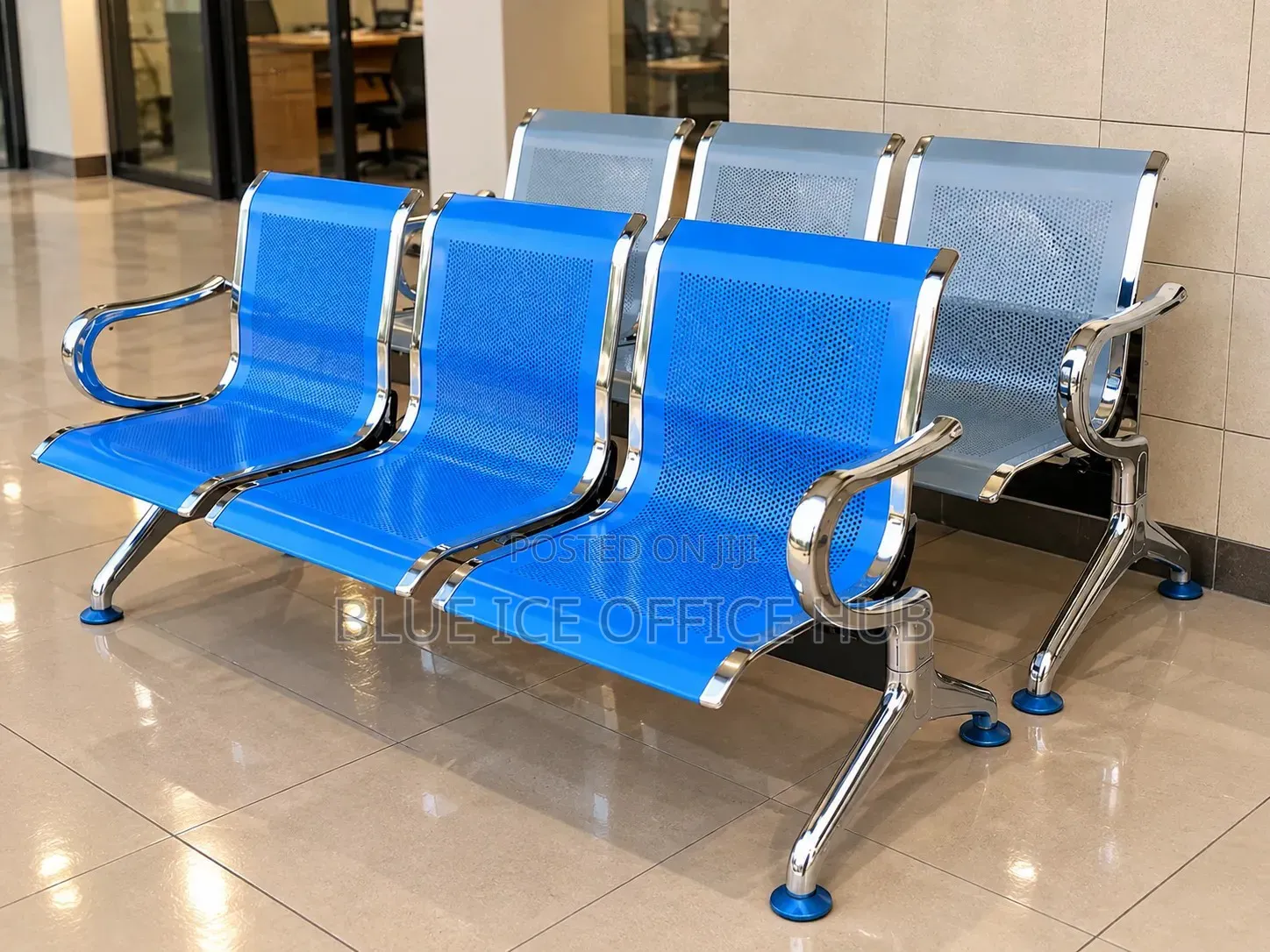 3 Seater Office Waiting Bench Blue and Silver