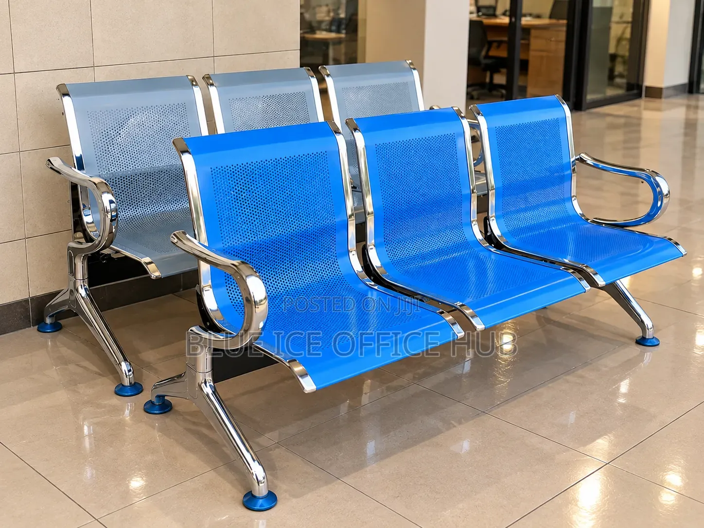3 Seater Office Waiting Bench Blue and Silver