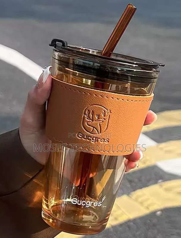Glass Cup With Cover, Straw & Leather Sleeve