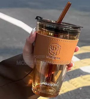 Glass Cup With Cover, Straw & Leather Sleeve