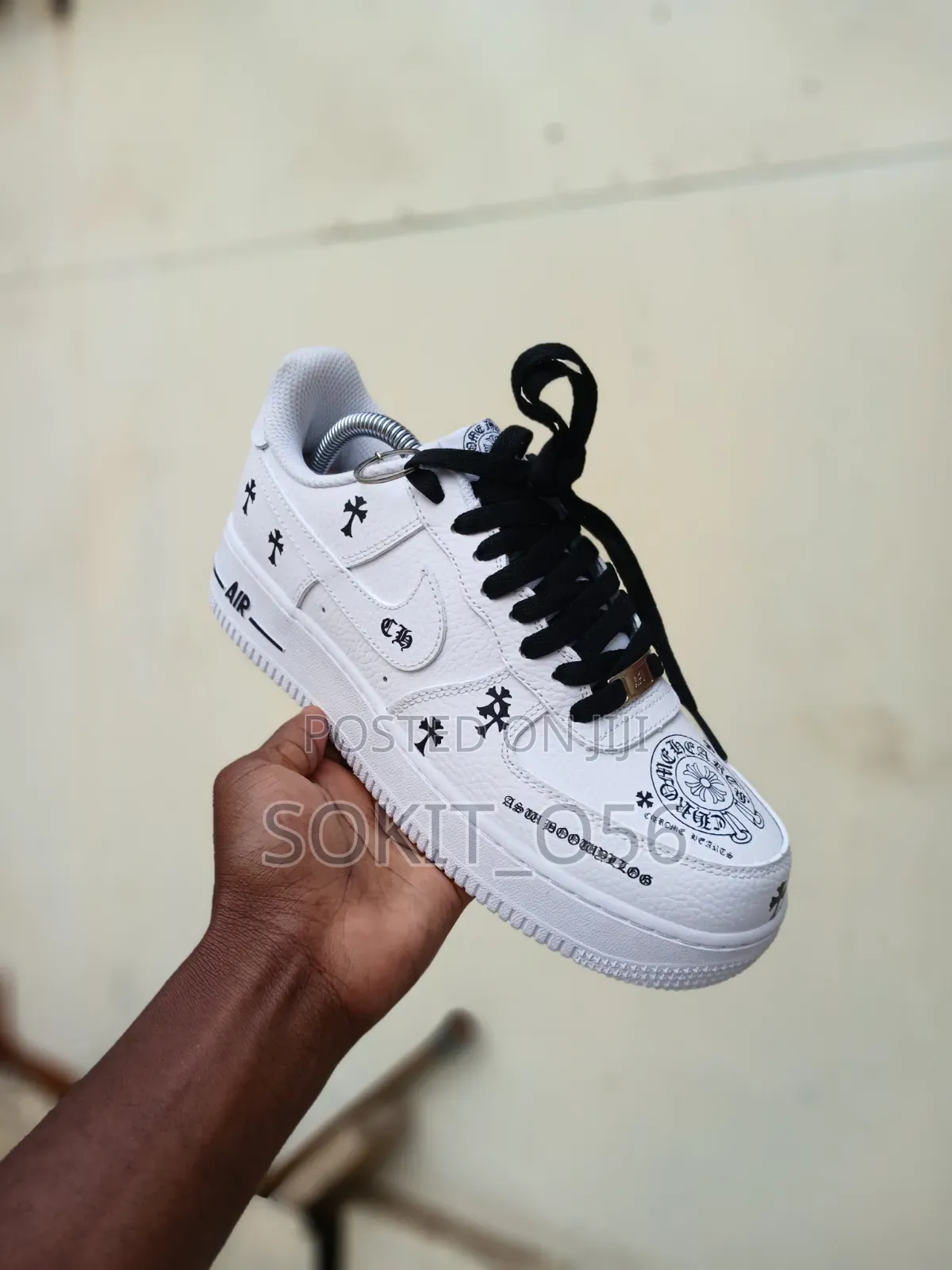 White Nike Air Force 1 Chrome Hearts Custom Sneakers.