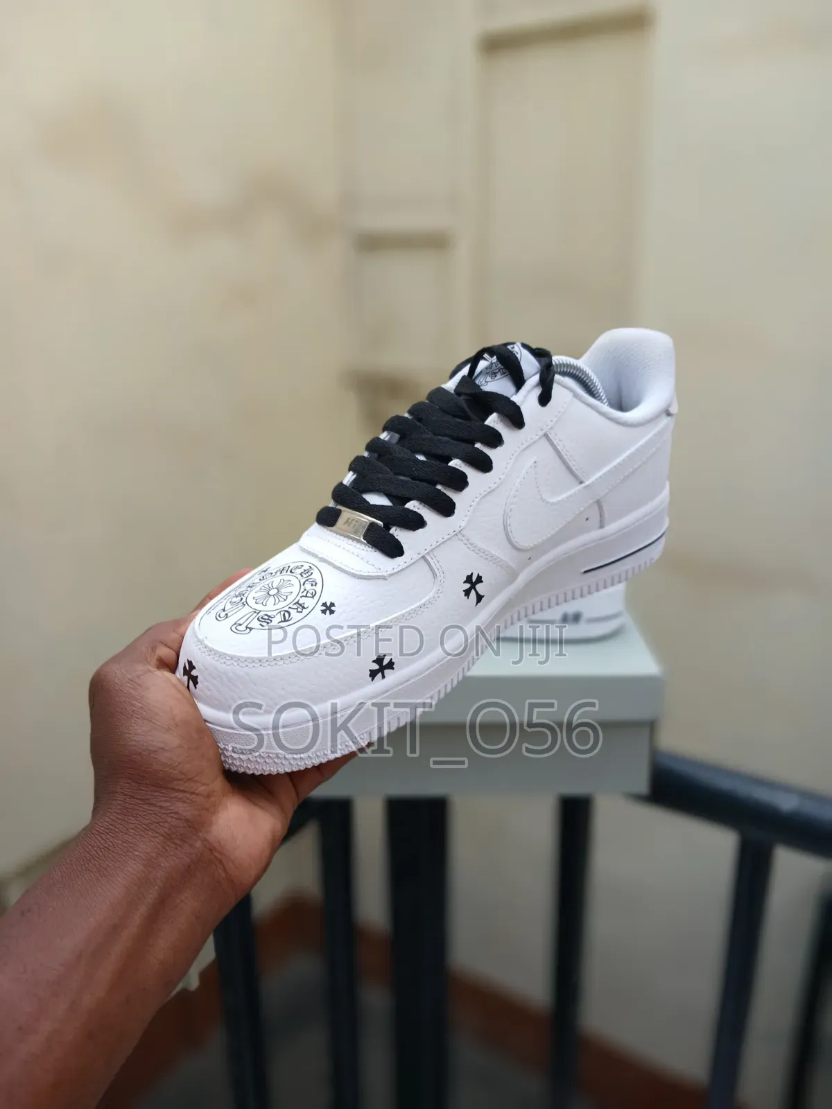 White Nike Air Force 1 Chrome Hearts Custom Sneakers.