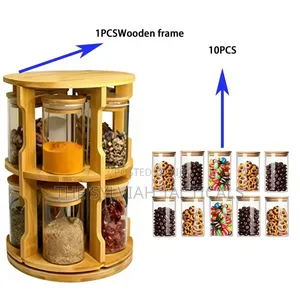Bamboo 360° Rotating Spice Rack 1pc + 10pcs Glass Spice Jars