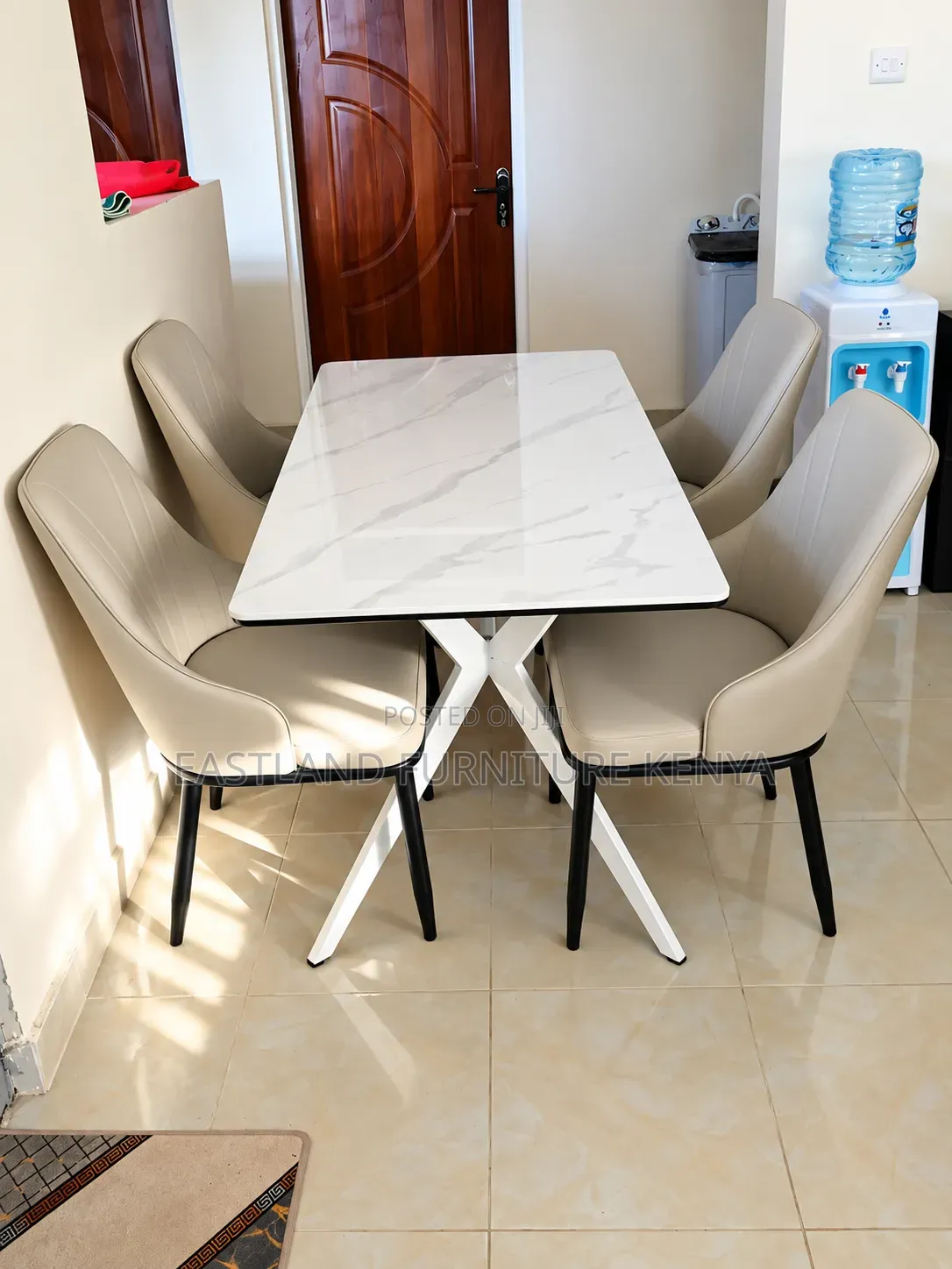 4-Seater Marble Dining Set With Cream Upholstered Chairs and White