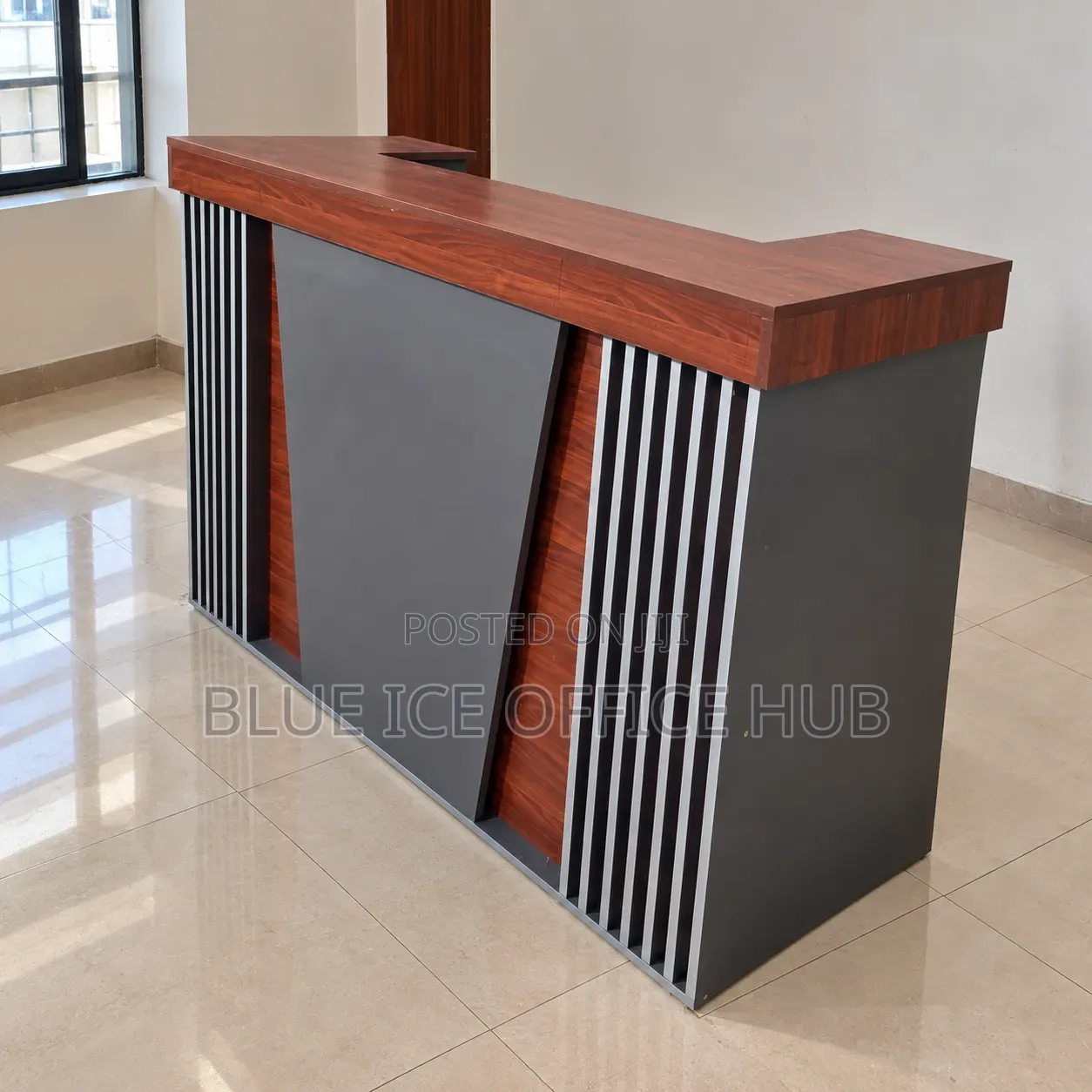Modern Wooden Reception Desk – Brown and Grey Front Office Counter.