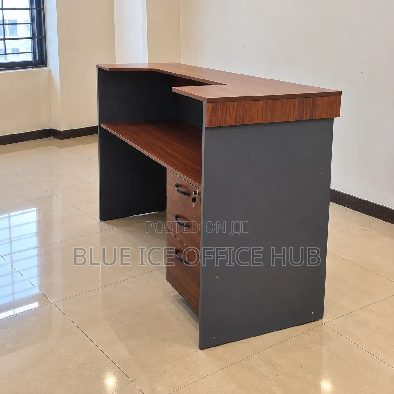 Modern Wooden Reception Desk – Brown and Grey Front Office Counter.