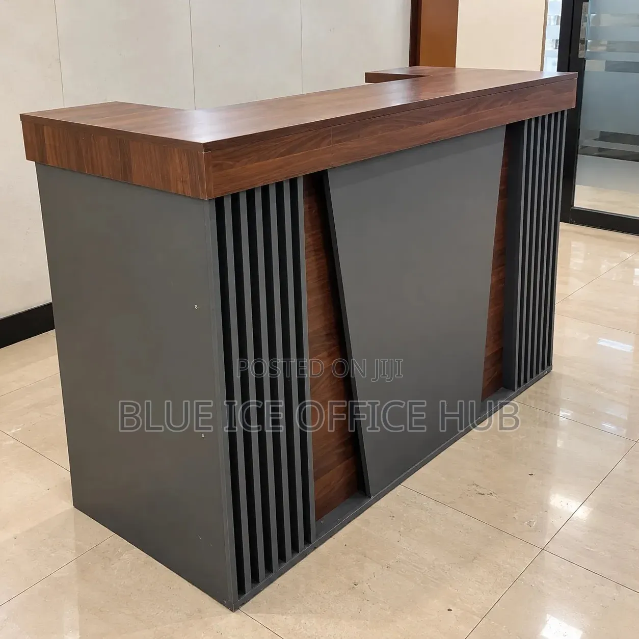 Modern Wooden Reception Desk – Brown and Grey Front Office Counter.