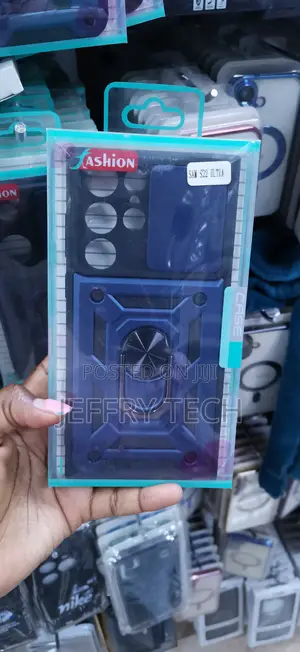 Blue Case With a Cover and a Ring Holder for Galaxy S22 Ultra
