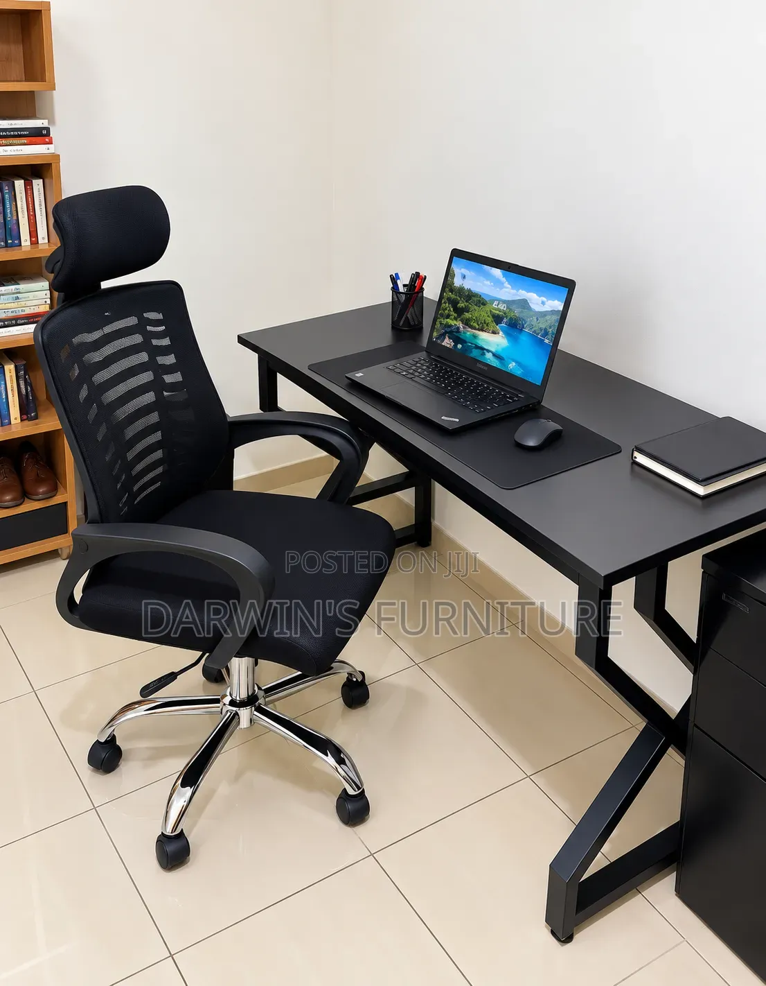 Metallic Table and Strong Mesh Headrest Chair Black Adjustable