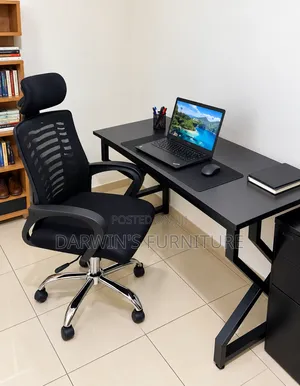Metallic Table and Strong Mesh Headrest Chair Black Adjustable