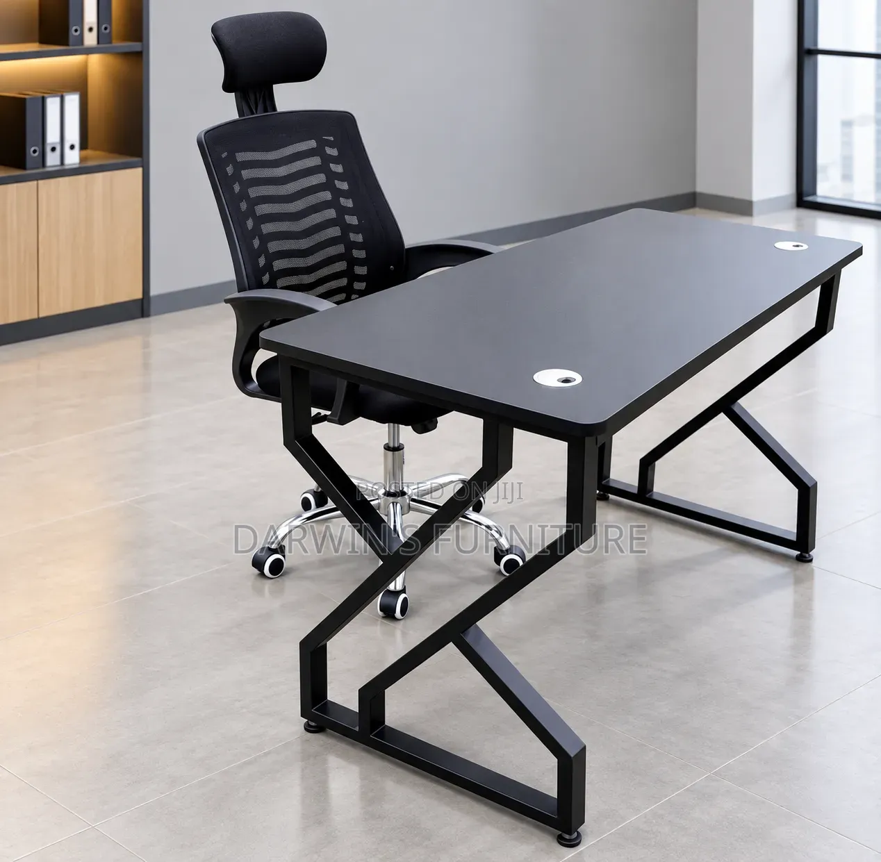Metallic Table and Strong Mesh Headrest Chair Black Adjustable