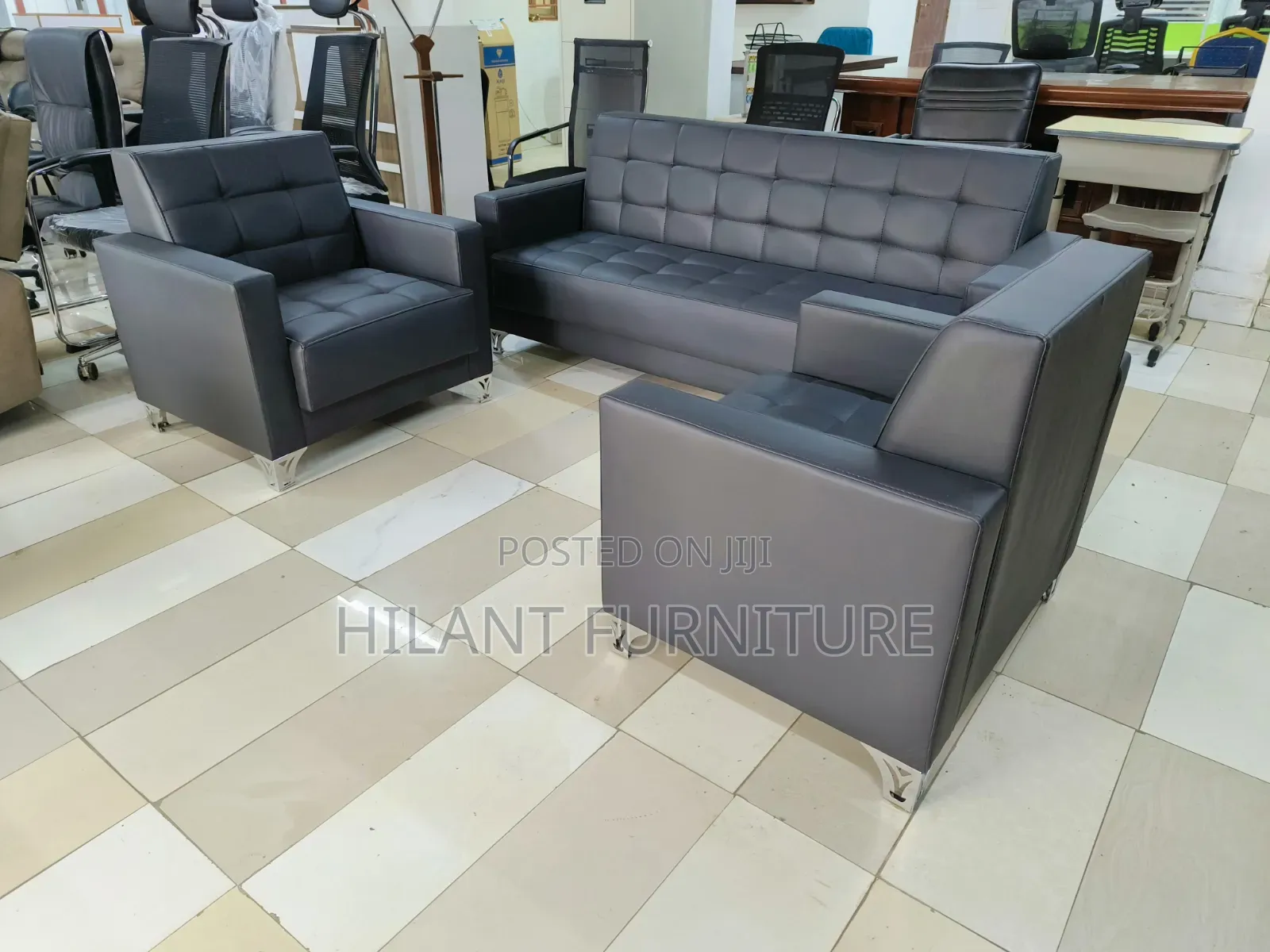 Executive Black Leather Office Sofa