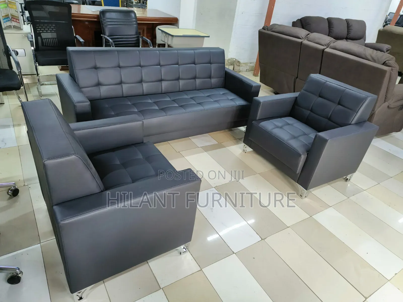 Executive Black Leather Office Sofa