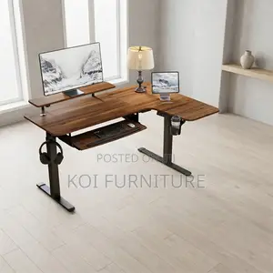 Office Desk; Electric 140cm Brown L Shape Modern Adjustable Desk