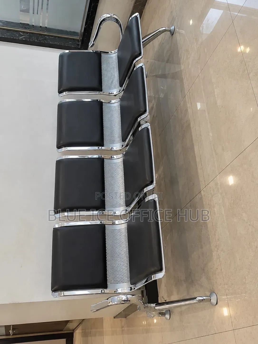 4 Seater Waiting Bench – Black Leather Metallic Reception Chair