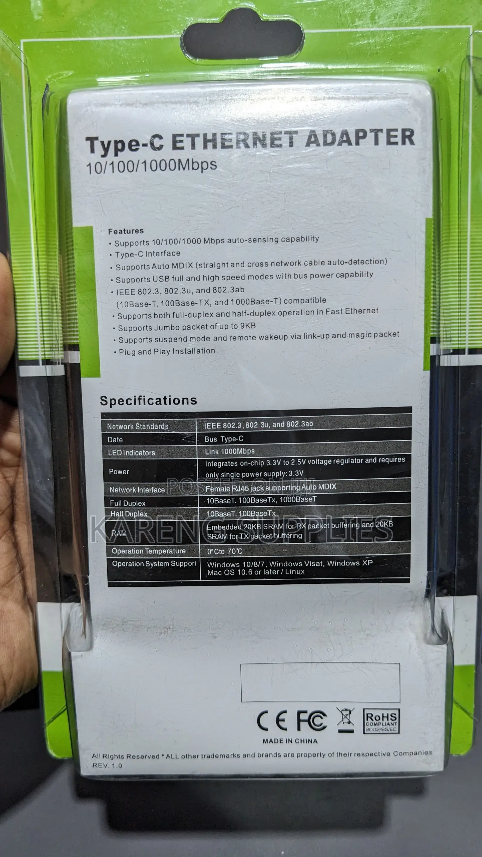 Type-C to RJ45 Gigabit Ethernet Adapter